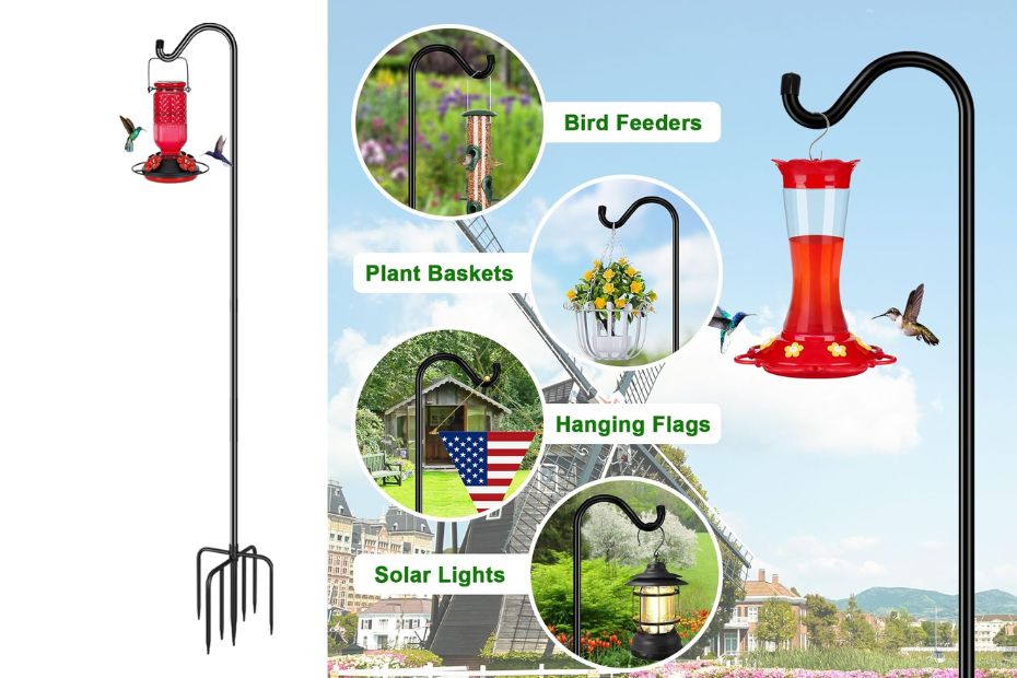 FEED GARDEN Adjustable Shepherd Hook Bird Feeder Pole with 7 Prongs Base