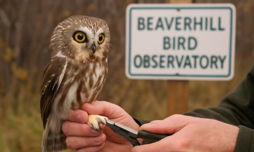 Northern Saw-whet Owl being banded at Beaverhill Bird Observatory